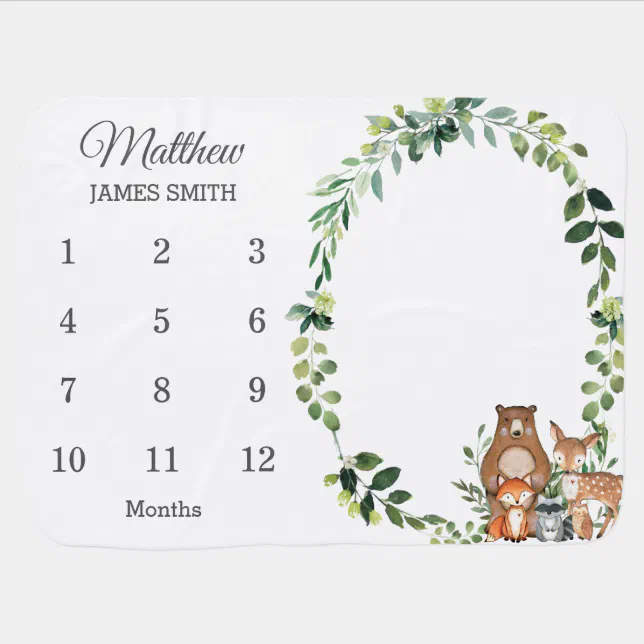 Woodland Animals Greenery Monthly Milestone Boy Baby Blanket | Zazzle