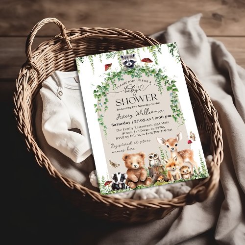 Woodland Animals Greenery Mushroom Baby Shower  Invitation