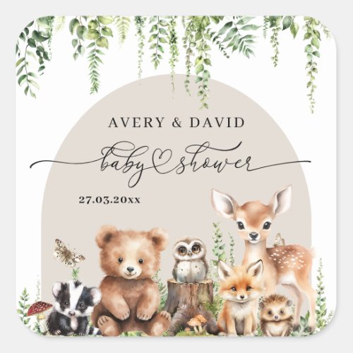 Woodland Animals Greenery Mushroom Baby Shower Square Sticker