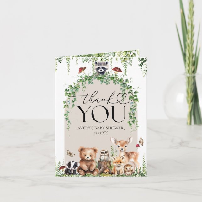 Woodland Animals Greenery Mushroom Baby Shower  Thank You Card (Front)