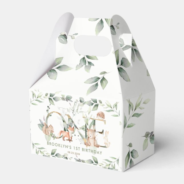 Woodland Animals Greenery Neutral 1st Birthday Favor Boxes (Front Side)