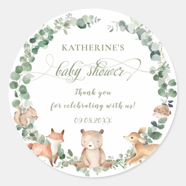 Woodland Animals Greenery Neutral Baby Shower   Classic Round Sticker (Front)