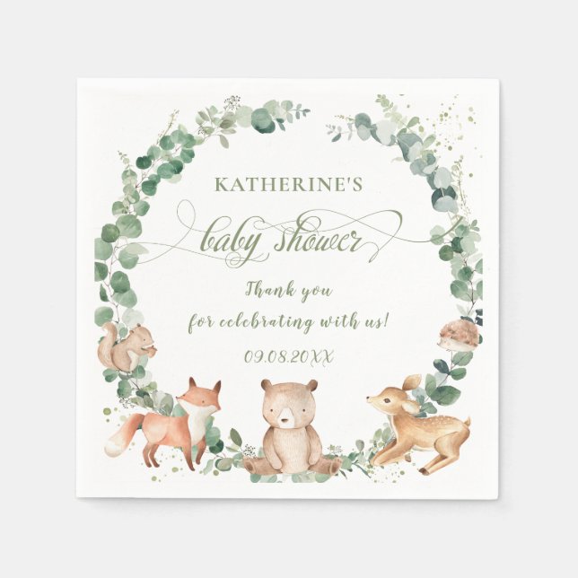 Woodland Animals Greenery Neutral Baby Shower  Napkins (Front)
