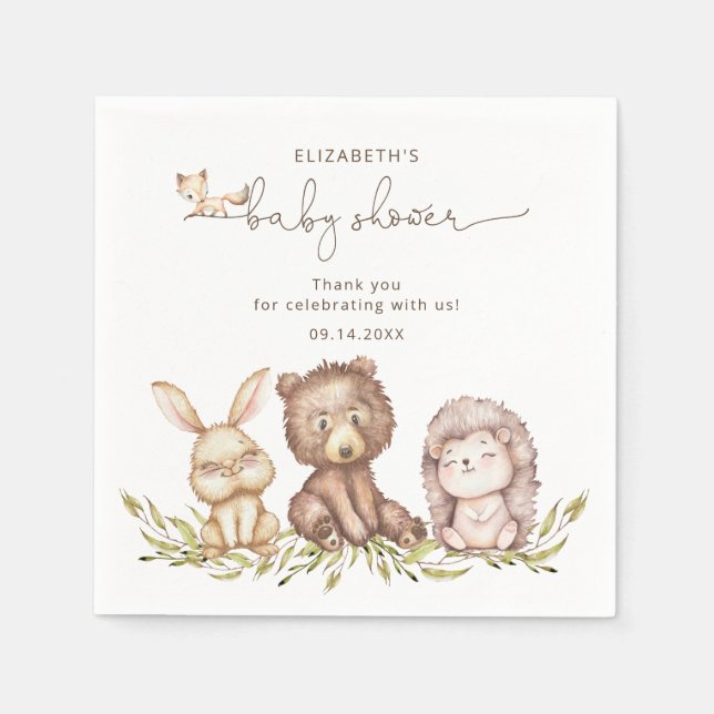 Woodland Animals Greenery Neutral Baby Shower Napkins (Front)