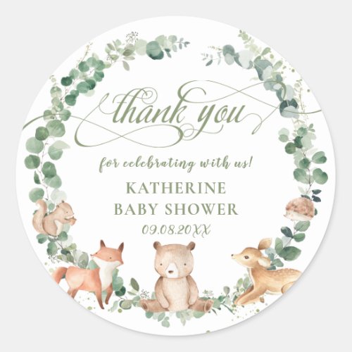 Woodland Animals Greenery Neutral Thank You Favor Classic Round Sticker
