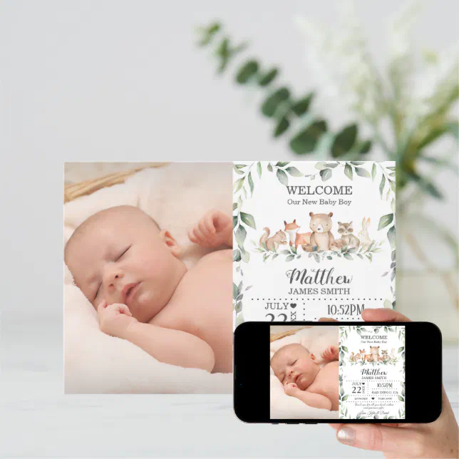 Woodland Animals Greenery New Baby Boy Photo Birth Announcement | Zazzle