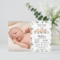 Woodland Animals Greenery New Baby Boy Photo Birth Announcement