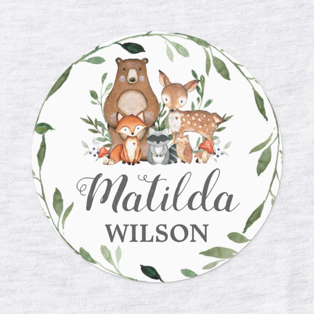 Woodland Animals Greenery School Name Clothing Labels (Design 1)