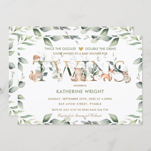 Woodland Animals Greenery Twin Neutral Baby Shower Invitation (Front/Back)