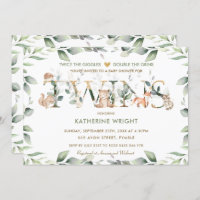 Woodland Animals Greenery Twin Neutral Baby Shower Invitation