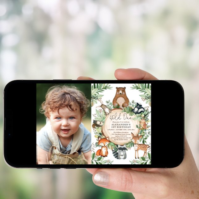 Woodland Animals Greenery Wild One 1st Birthday Invitation (Front Digital)