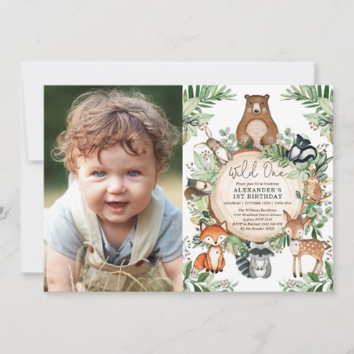 Woodland Animals Greenery Wild One 1st Birthday Invitation | Zazzle