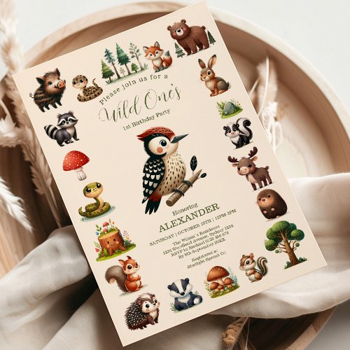 Woodland Animals Greenery Wild One 1st Birthday Invitation