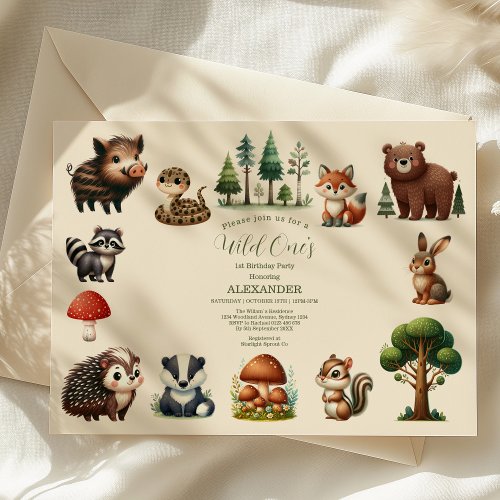 Woodland Animals Greenery Wild One 1st Birthday Invitation