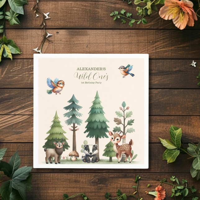 Woodland Animals Greenery Wild One 1st Birthday Napkins (Creator Uploaded)