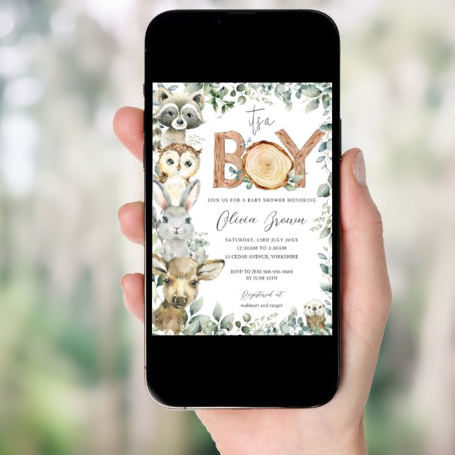 Woodland Animals Greenery Wood Boy Baby Shower  Invitation (Front Digital)