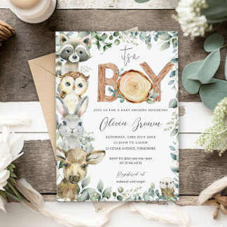 Woodland Animals Greenery Wood Boy Baby Shower  Invitation