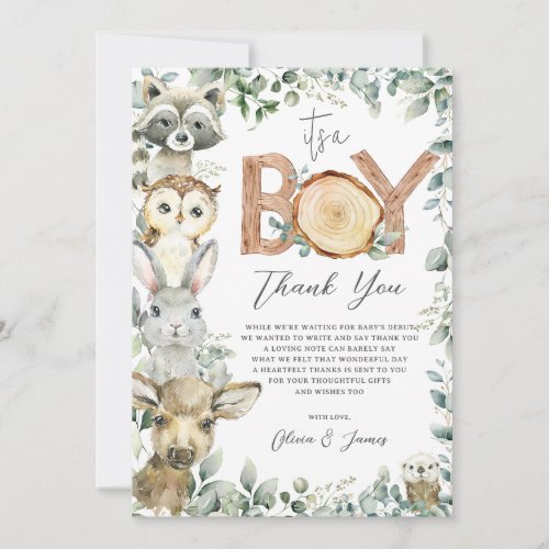 Woodland Animals Greenery Wood Boy Baby Shower  Thank You Card