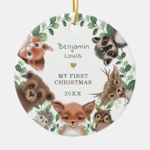 Woodland Animals Greenery Wreath 1st Christmas Cer Ceramic Ornament