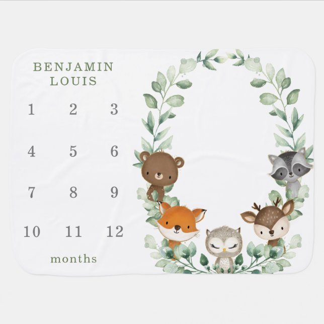 Woodland Animals Greenery Wreath Monthly Milestone Baby Blanket (Horizontal)