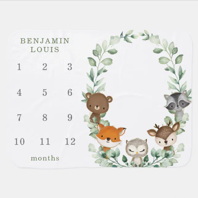 Woodland Animals Greenery Wreath Monthly Milestone Baby Blanket | Zazzle