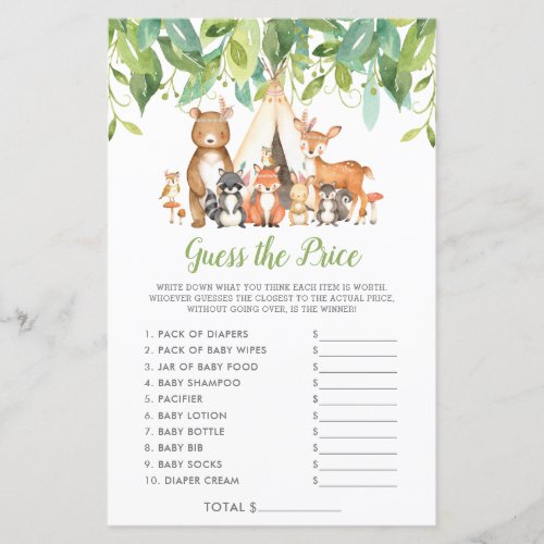 Woodland Animals Guess the Price Baby Shower Game