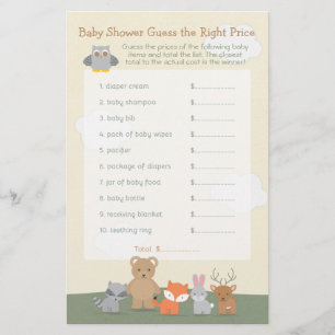 Woodland Animals Guess the Price Baby Shower Game Flyer