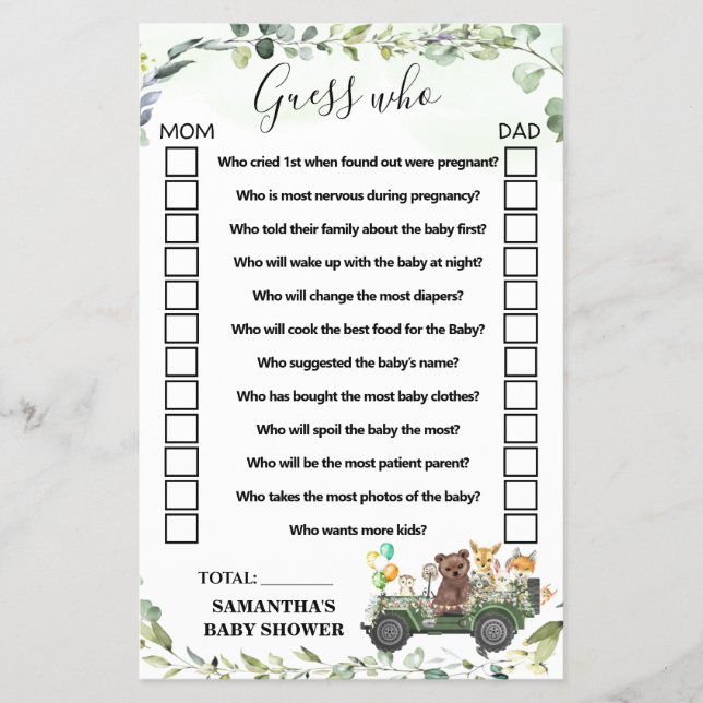 Woodland Animals Guess Who Baby Shower Game Card Flyer (Front)