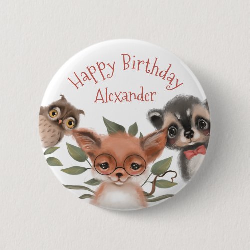 Woodland Animals Happy Birthday for Boy Button