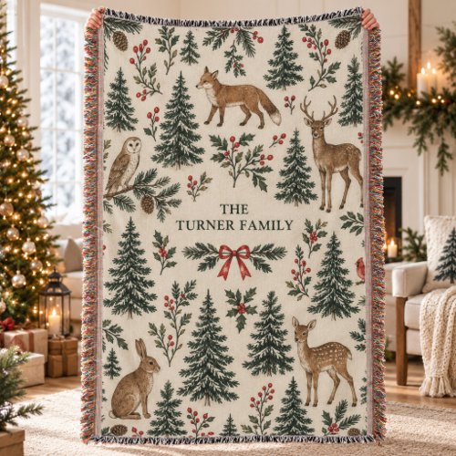 Woodland Animals Heritage Forest Botanical Holiday Throw Blanket