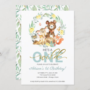 Woodland Animals He's A Wild One First Birthday In Invitation