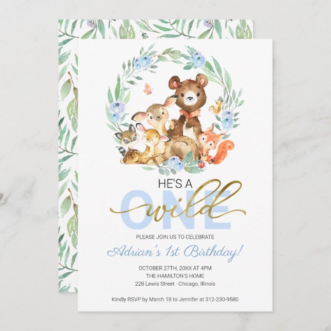 Woodland Animals He's A Wild One First Birthday Invitation (Front/Back)