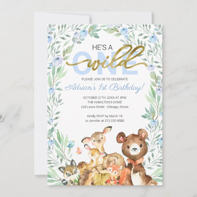 Woodland Animals He's A Wild One First Birthday Invitation (Front)