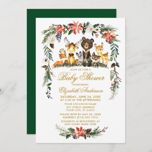 Woodland Animals Holiday Baby Shower Gold Invitation