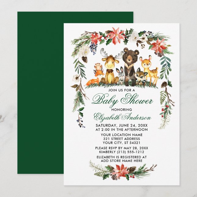 Woodland Animals Holiday Baby Shower Green Invitation (Front/Back)