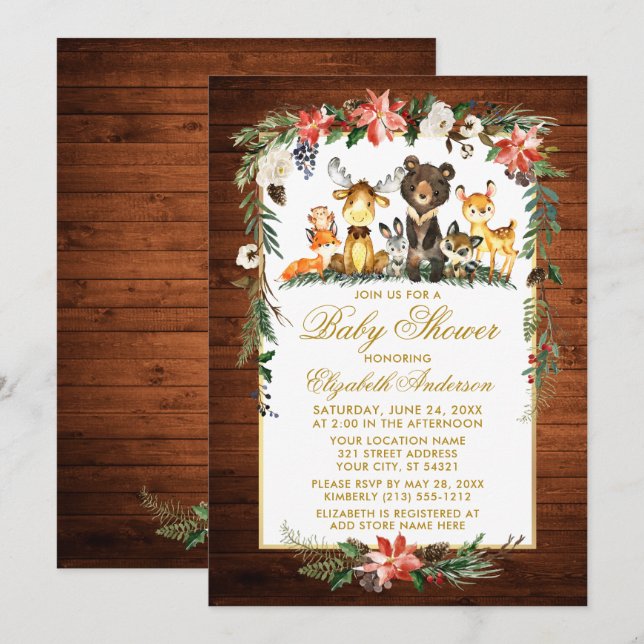 Woodland Animals Holiday Baby Shower Wood Gold Invitation (Front/Back)