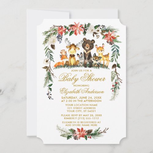 Woodland Animals Holiday Gold Baby Shower Invitation