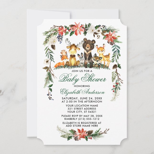 Woodland Animals Holiday Green Baby Shower Invitation (Front)