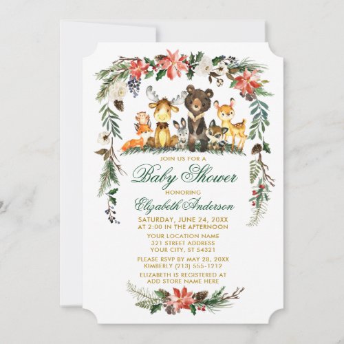 Woodland Animals Holiday Green Gold Baby Shower Invitation