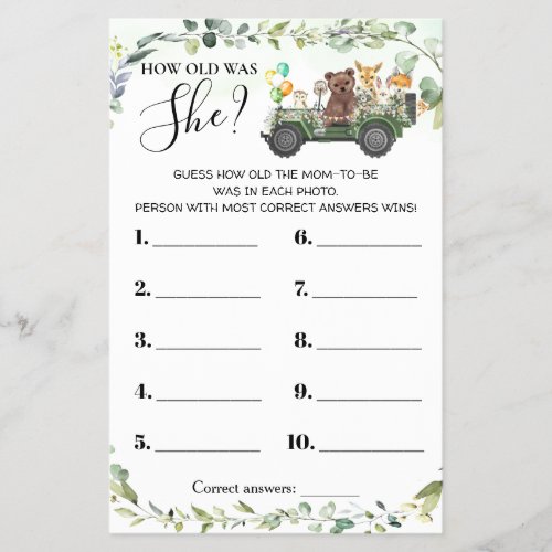 Woodland Animals How old was She Baby Shower Card Flyer