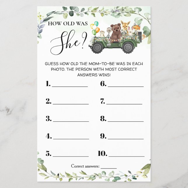 Woodland Animals How old was She Baby Shower Card Flyer (Front)