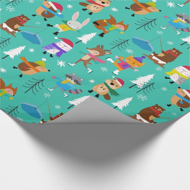 Woodland Animals Ice Skating Cute Christmas Wrapping Paper (Corner)