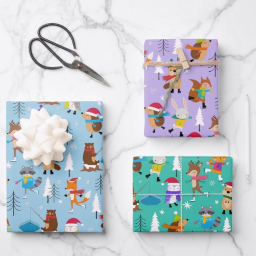 Woodland Animals Ice Skating Cute Christmas Wrapping Paper Sheets