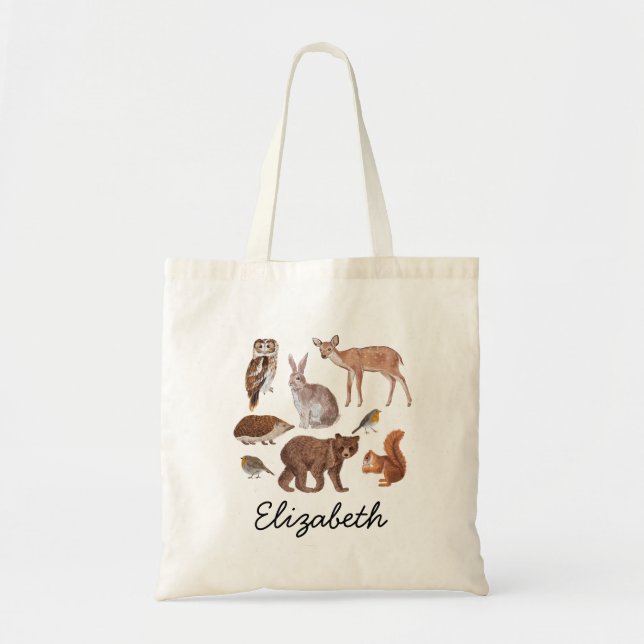 Woodland Animals Illustration Personalized Tote Bag (Front)