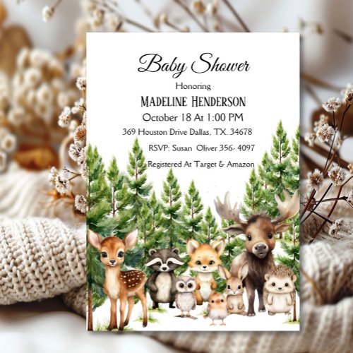 Woodland Animals In Forest Baby Shower Invitation