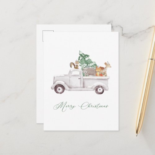 Woodland Animals in White Truck Holiday Postcard