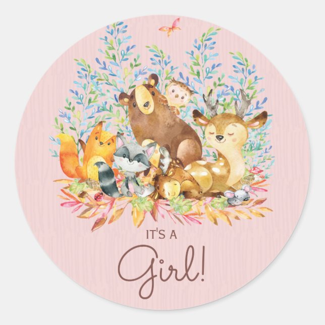 Woodland Animals It' a Girl Favor Sticker (Front)