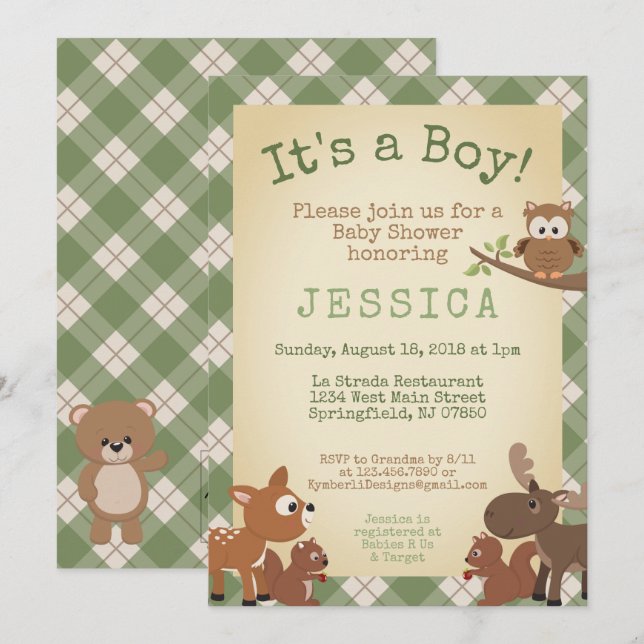Woodland Animals It's a boy! Green Plaid Invitation (Front/Back)