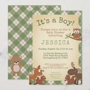 Woodland Animals It's a boy! Green Plaid Invitation