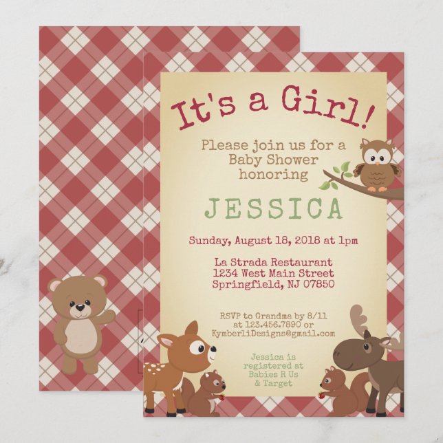 Woodland Animals It's a girl! baby shower Invitation (Front/Back)
